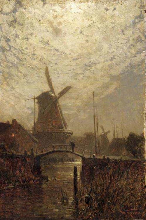 Walter Moras A figure crossing a bridge over a Dutch waterway by moonlight oil painting picture